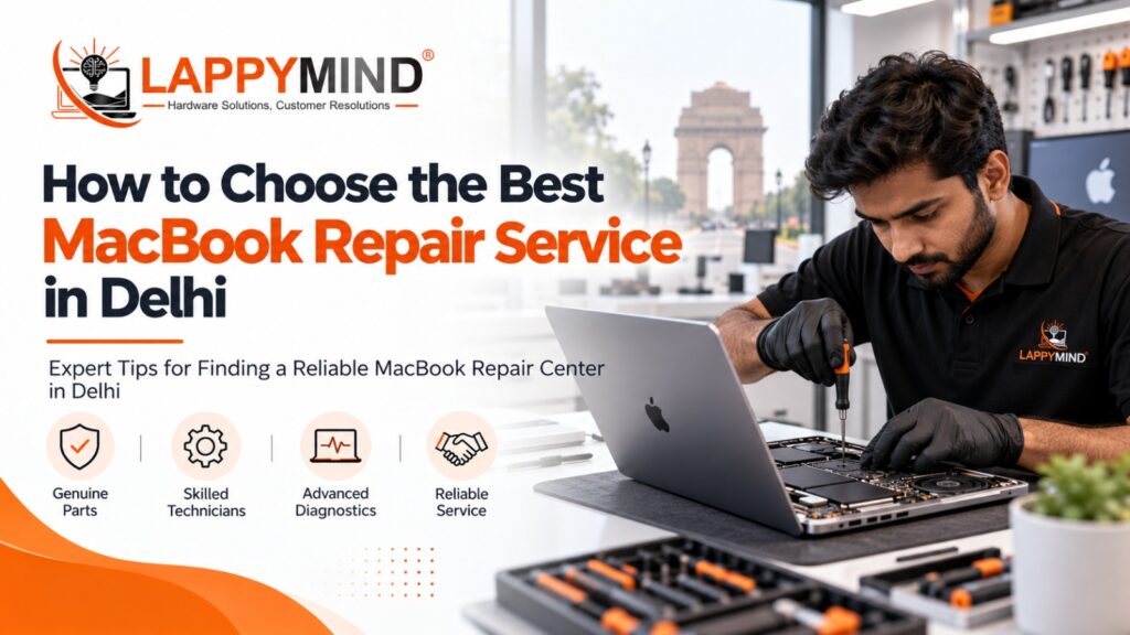 MacBook repair service in Delhi with laptop diagnostics and professional repair tools.