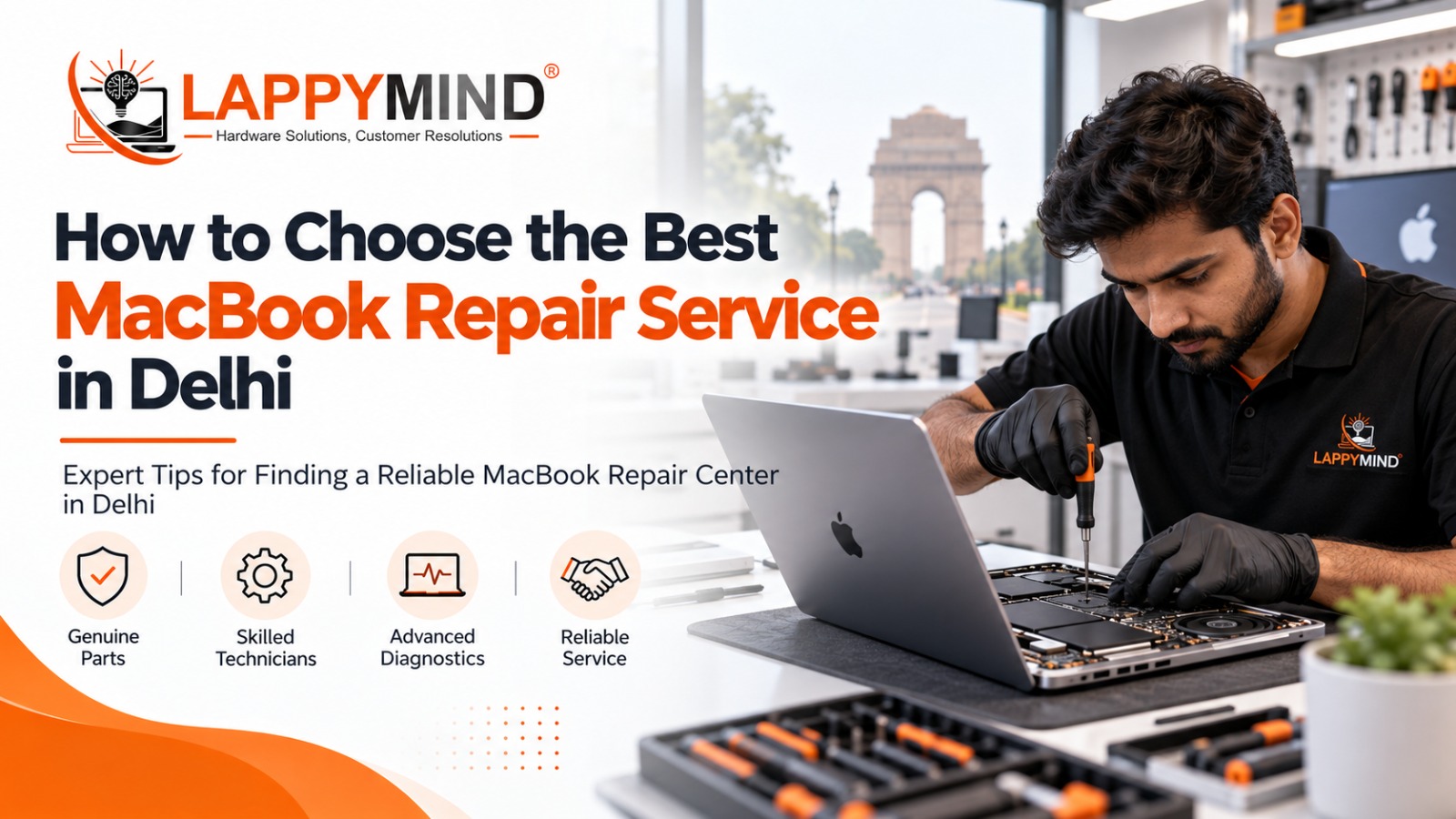 MacBook repair service in Delhi with laptop diagnostics and professional repair tools.