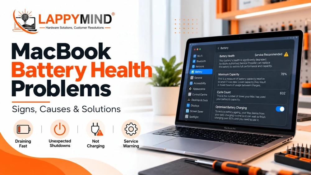 MacBook battery health settings showing battery condition and maximum capacity